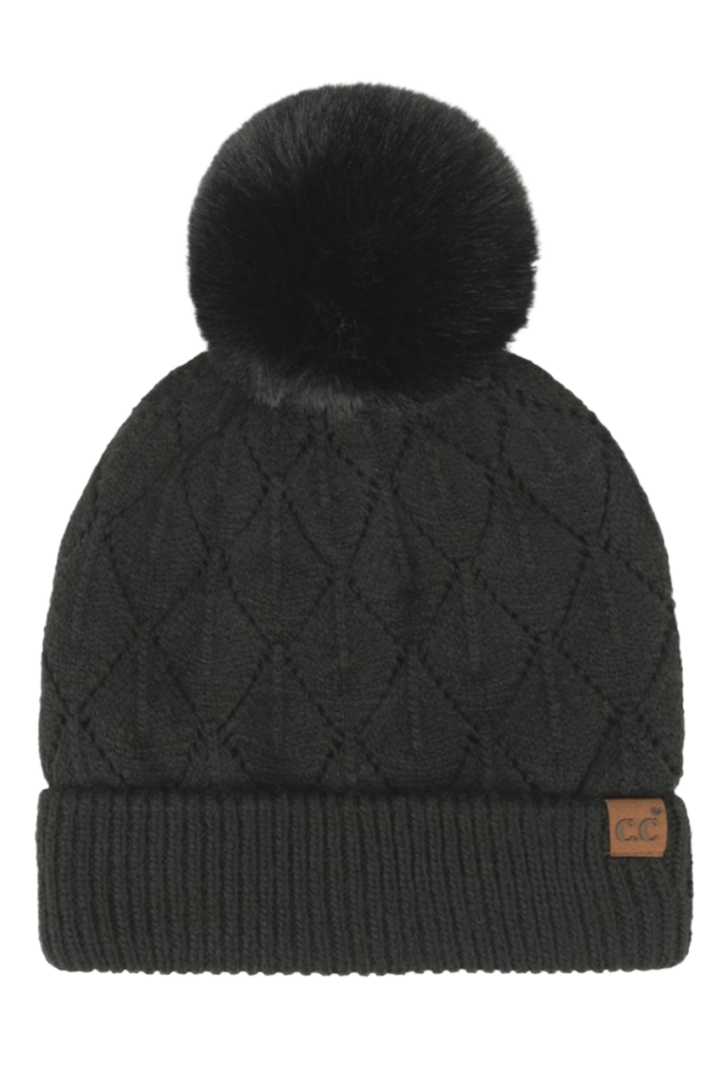 Leaf Pattern Pom Beanie- Black