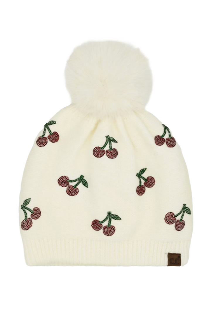 Cherry Rhinestone Pom Beanie