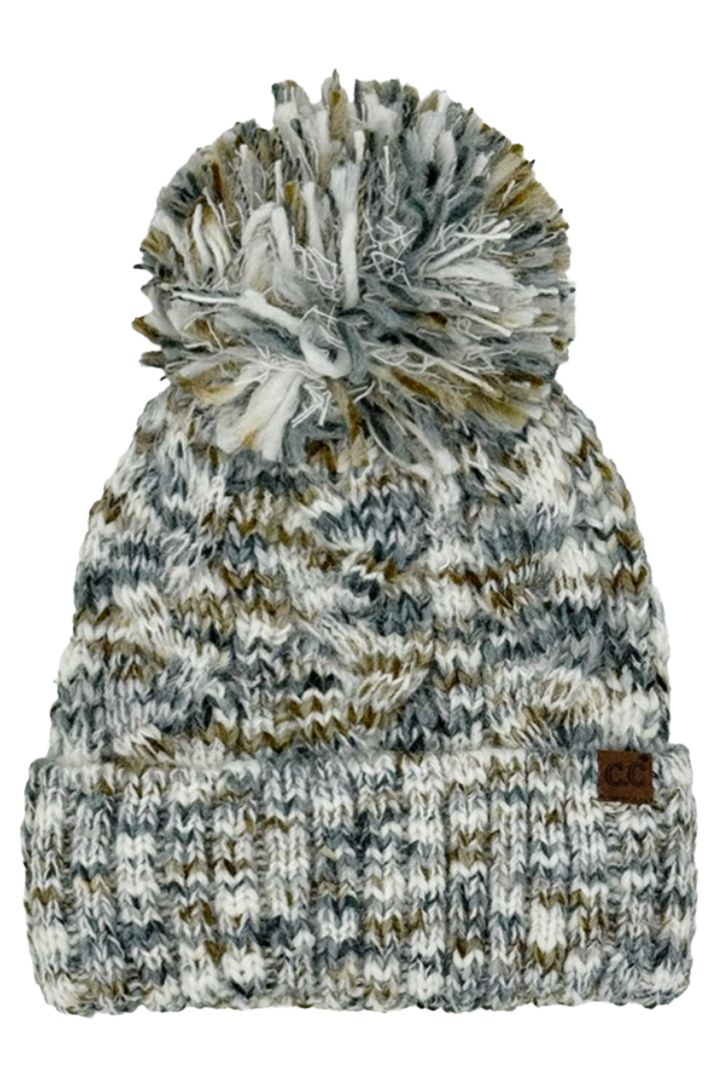 Multi Color Cable Pom Cuff Beanie Winter Hat- Gray