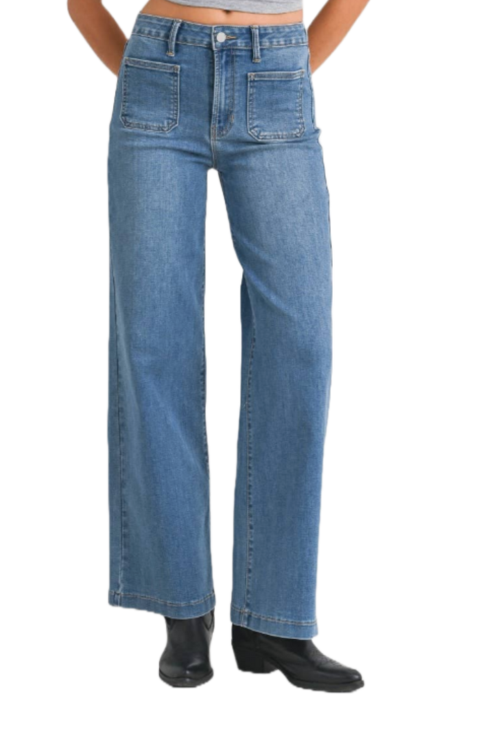 Dark Wash Mini Patch Pocket Wide Leg Jeans