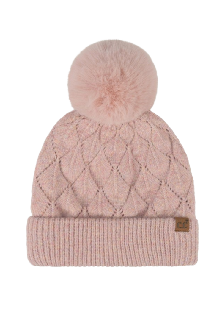Leaf Pattern Pom Beanie- Rose