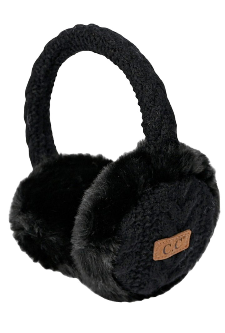 Cable Knit Fur Earmuffs- Black