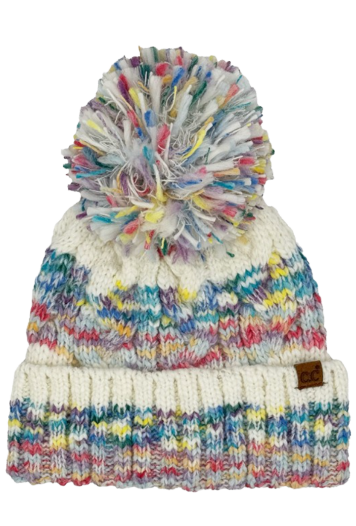 Multi Color Cable Pom Cuff Beanie Winter Hat- Ivory