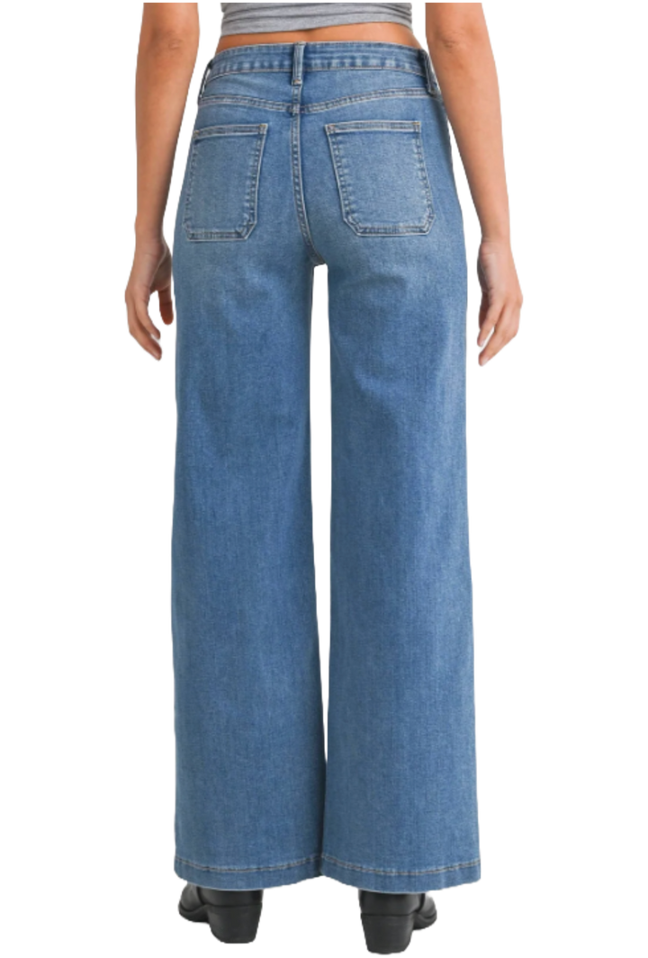 Dark Wash Mini Patch Pocket Wide Leg Jeans