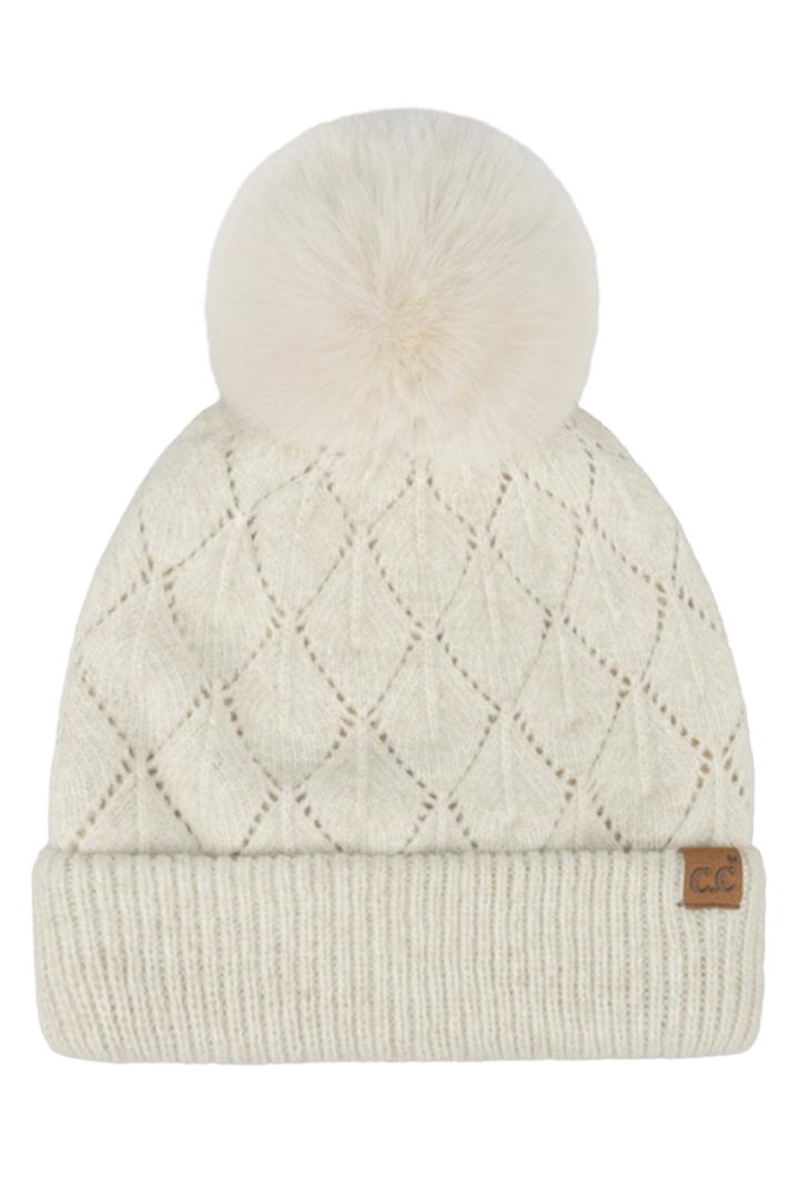 Leaf Pattern Pom Beanie- Beige