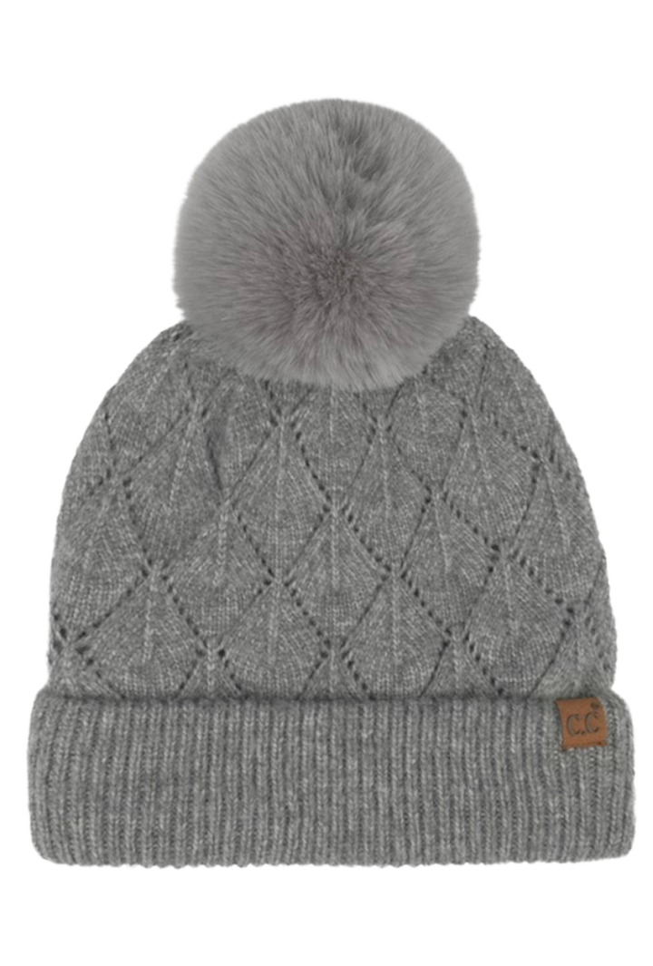 Leaf Pattern Pom Beanie- Gray