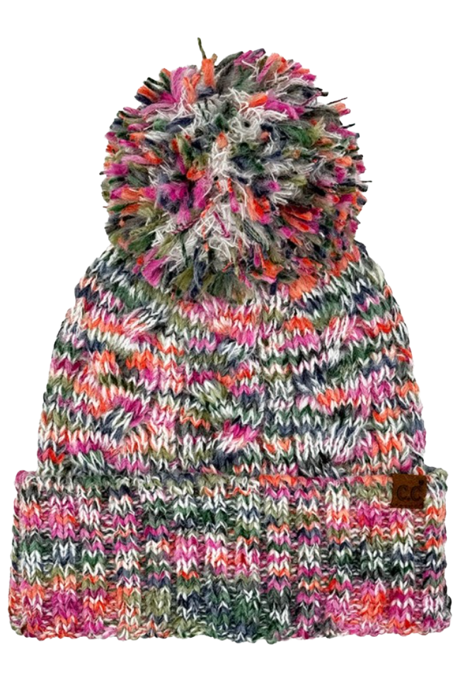 Multi Color Cable Pom Cuff Beanie Winter Hat- Hot Pink