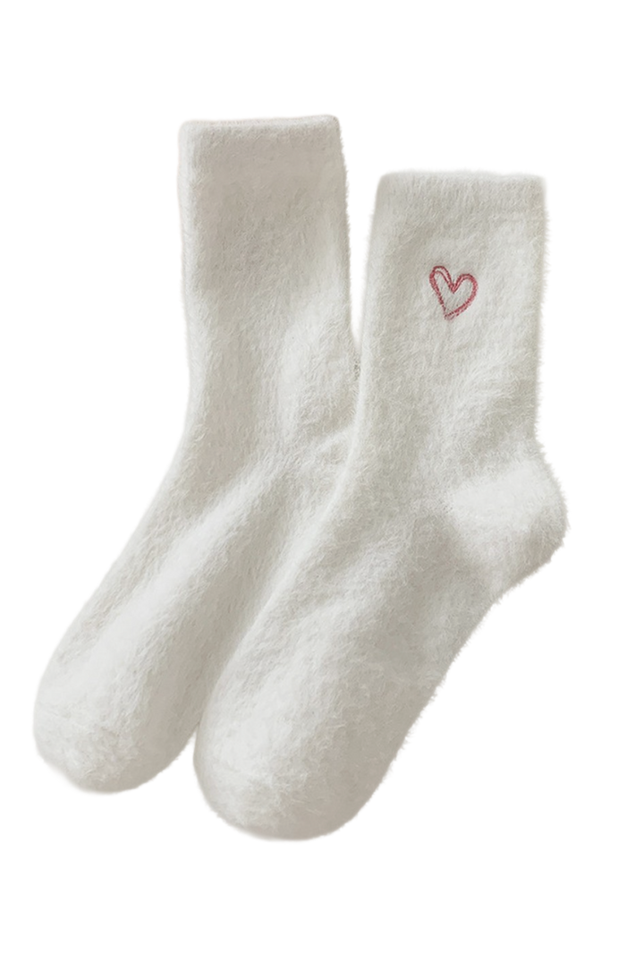 White Heart Fluffy Socks