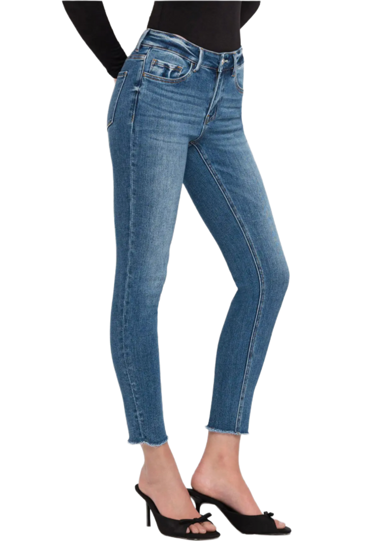 Mid Rise Medium Dark Raw Hem Crop Skinny Jeans