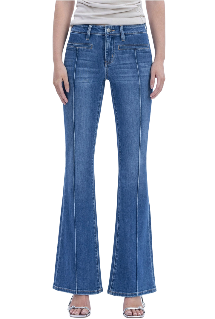 Mid Rise Welt Pocket Pin Tuck Flare Jeans