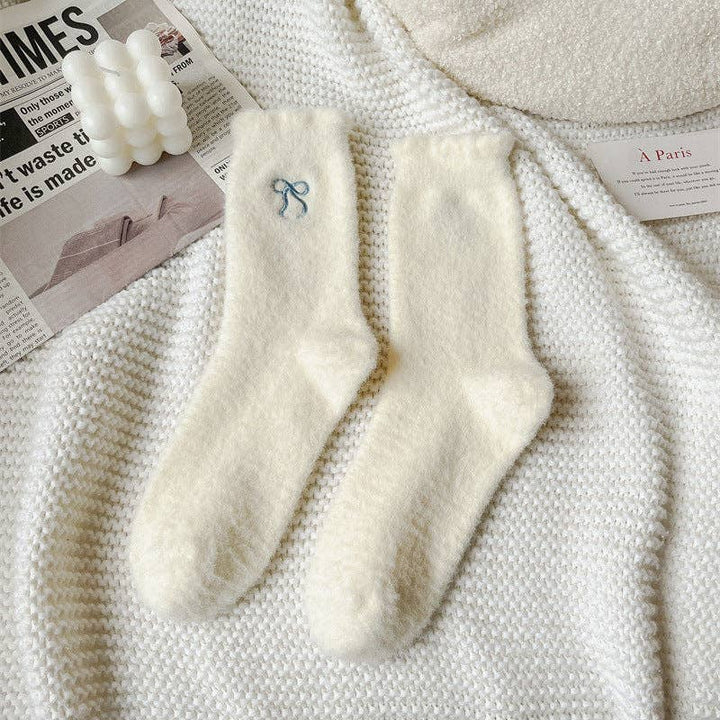 Bow Embroidery Fuzzy Socks