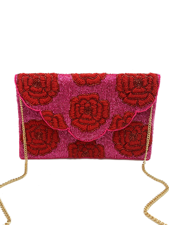 Fuchsia With Red Roses Beaded Clutch