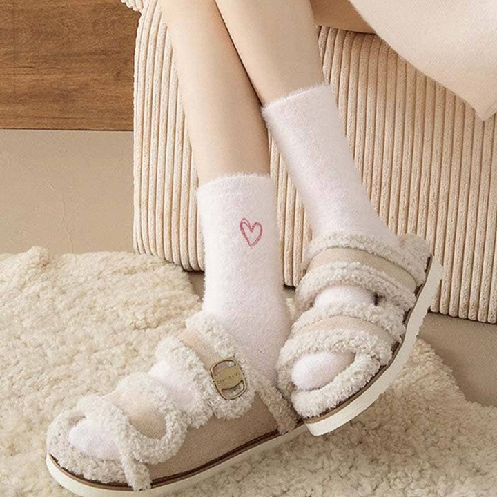 Cute Heart Embroidery Fuzzy Plush Socks