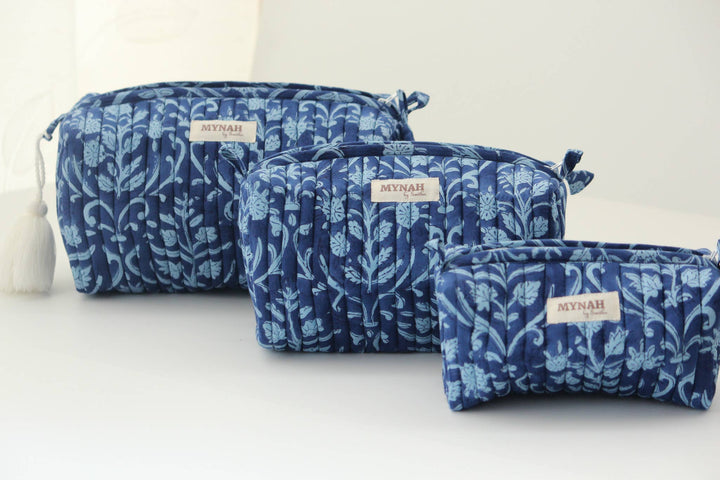 Quilted block print floral Makeup Bag- Choose From 3 Sizes