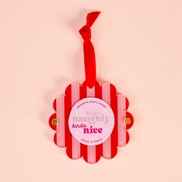 Scalloped Round Picture Frame Ornament-Peppermint Stripes