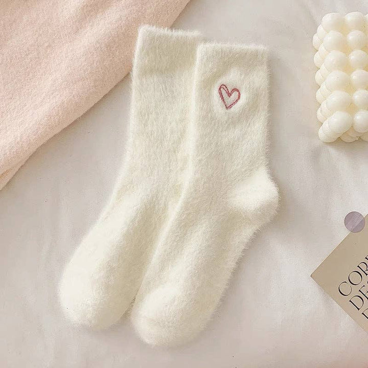 Cute Heart Embroidery Fuzzy Plush Socks