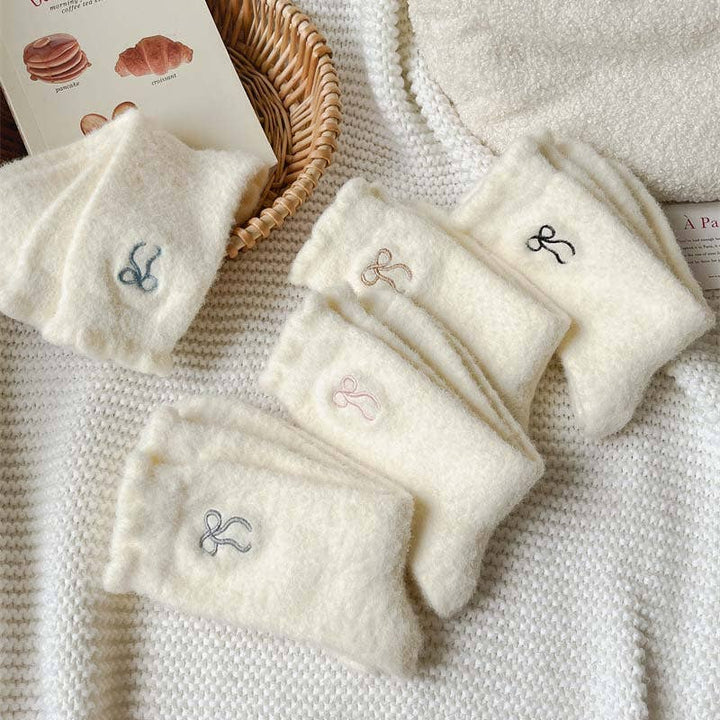 Bow Embroidery Fuzzy Socks