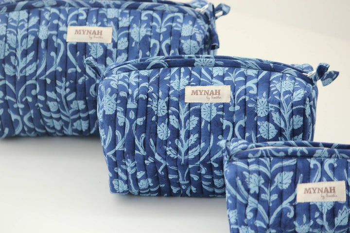 Quilted block print floral Makeup Bag- Choose From 3 Sizes