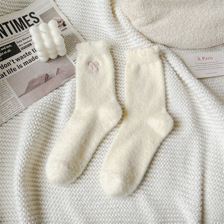 Bow Embroidery Fuzzy Socks