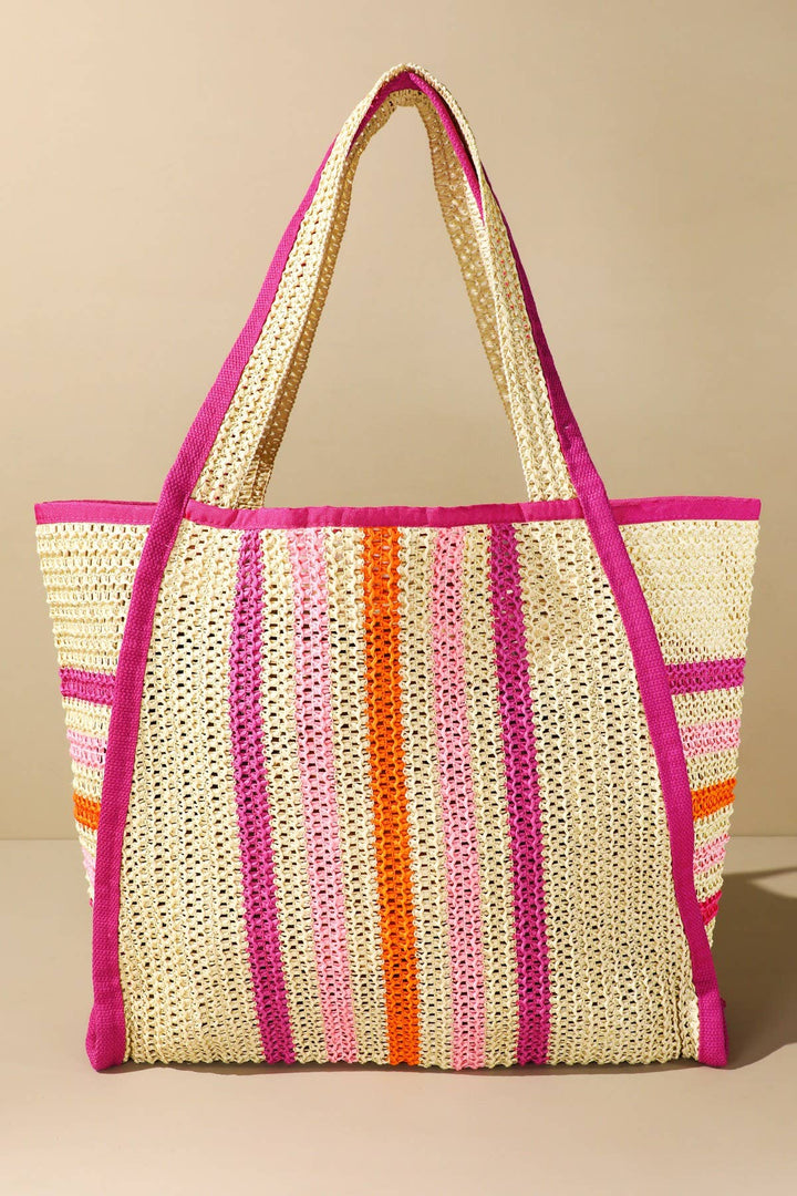 Natural Straw Tote With Multi Color Stripes- Pink