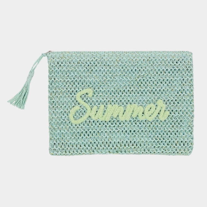 Woven Straw Pouch With Embroidery & Gold Lurex
