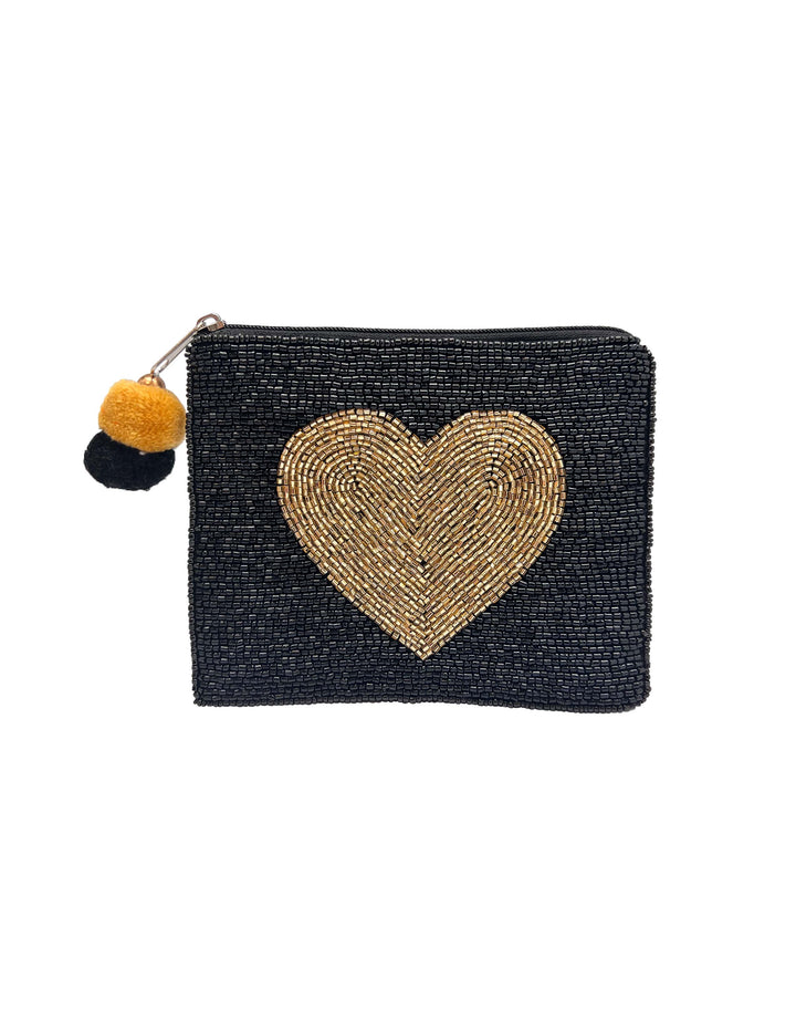 Golden Heart Black Beaded Coin Pouch