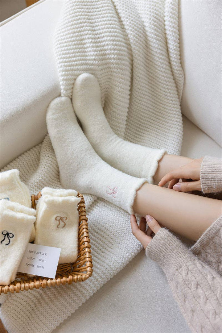 Bow Embroidery Fuzzy Socks
