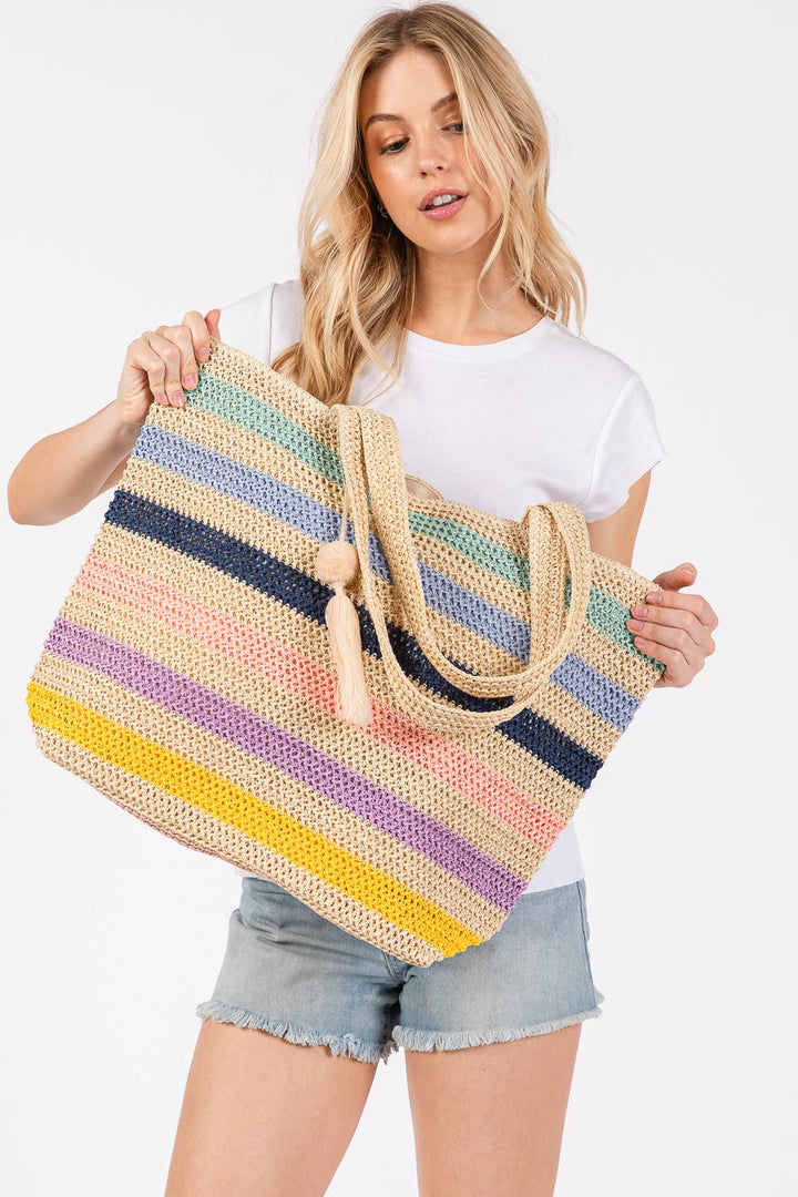 Pastel Pom Pom Tassel Multi Color Striped Straw Crochet Tote Bag