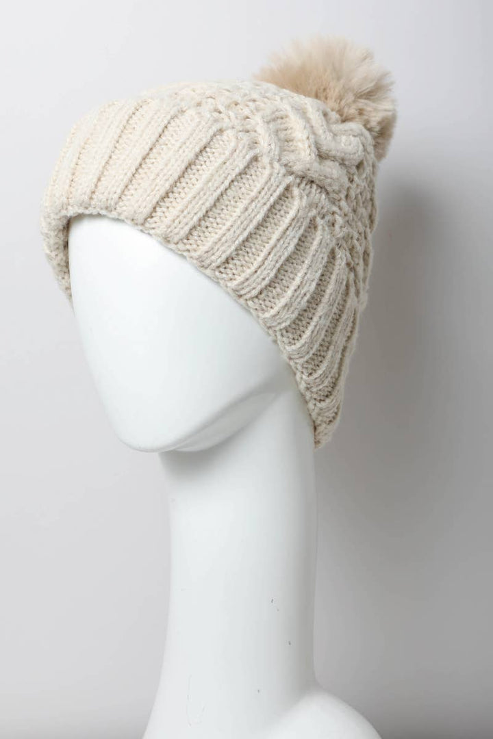 Cable Knit Pom Beanie with Thermal Lining: White