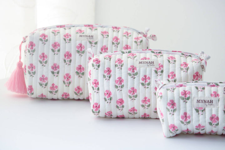 Quilted block print floral Makeup Bag- Choose From 3 Sizes