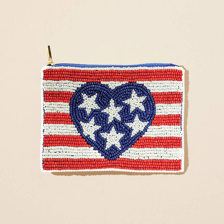 American USA Flag Heart Seed Beaded Mini Pouch Bag
