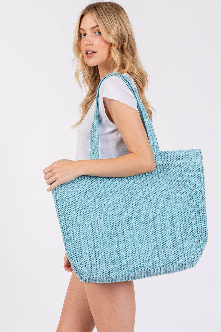 Solid Crochet Straw Tote Bag- Blue