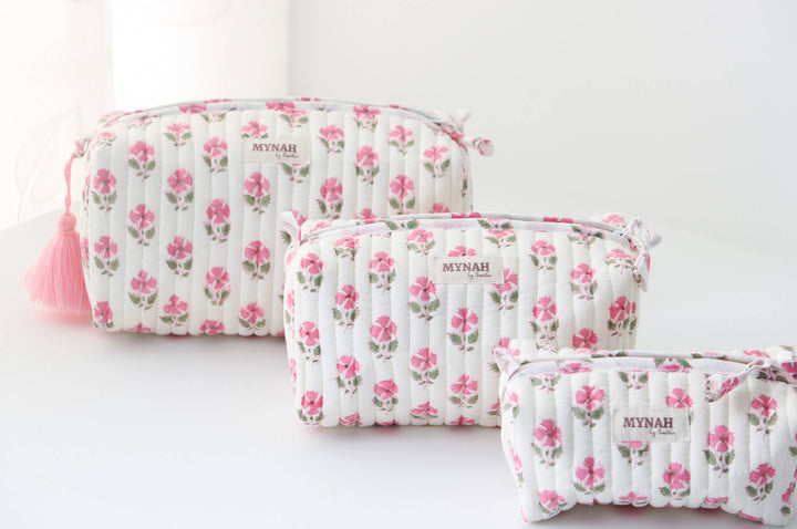 Quilted block print floral Makeup Bag- Choose From 3 Sizes