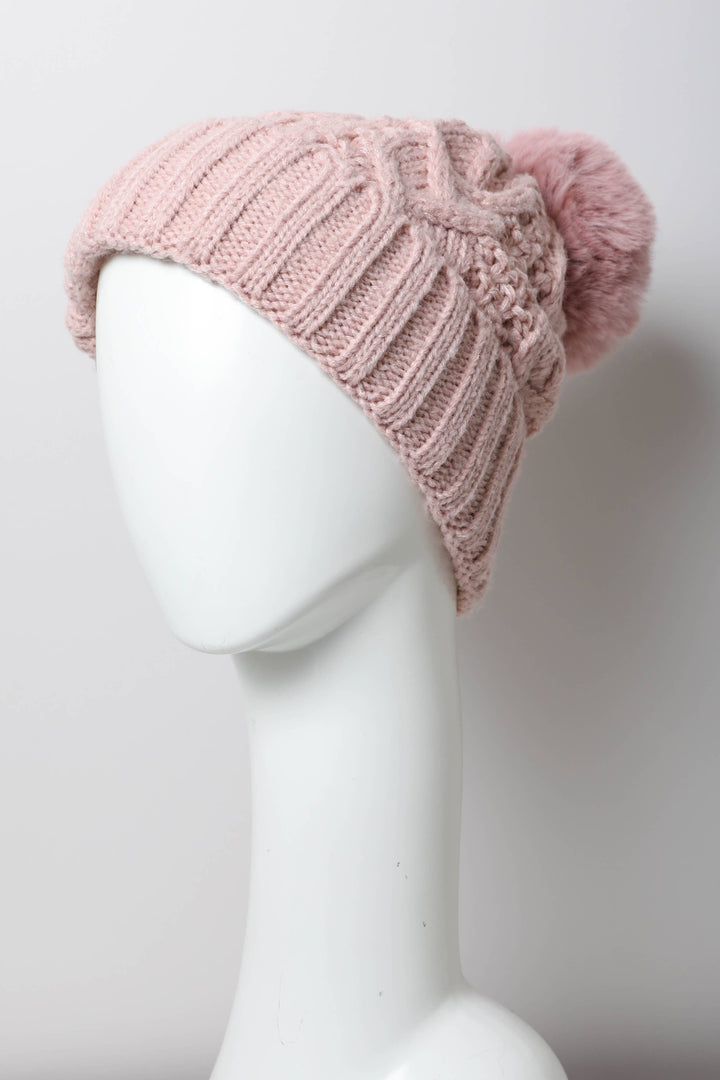 Cable Knit Pom Beanie with Thermal Lining: Pink