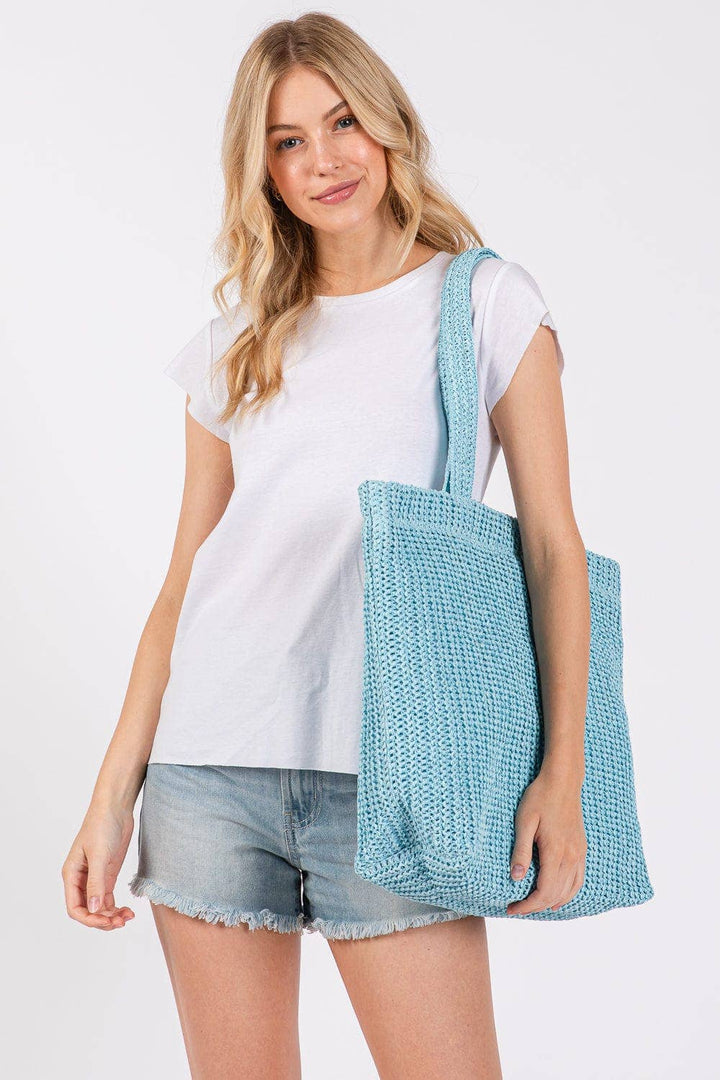 Solid Crochet Straw Tote Bag- Blue