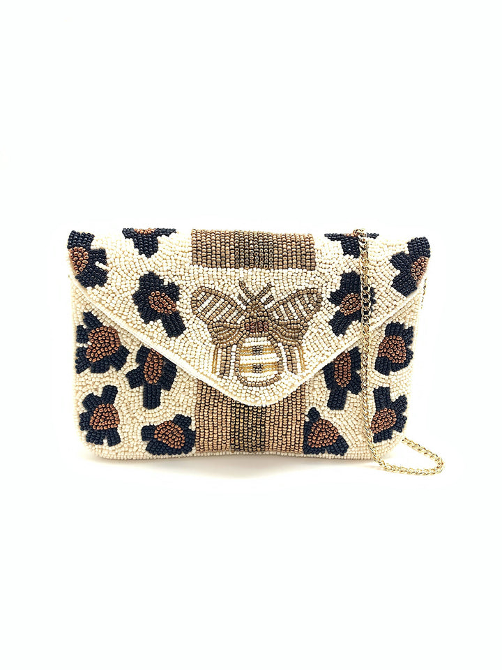 Leopard Print Bee Beaded Mini Clutch