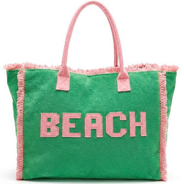 Embroidered Beach Letter Terry Cloth Frayed Tote Bag- Green