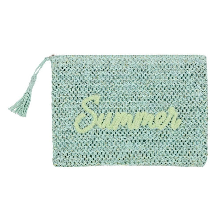 Woven Straw Pouch With Embroidery & Gold Lurex