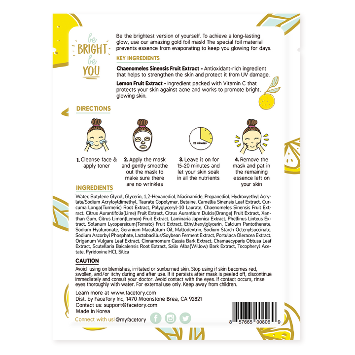 Face Mask - Korean Beauty - Gold Foil - Be Bright Be You