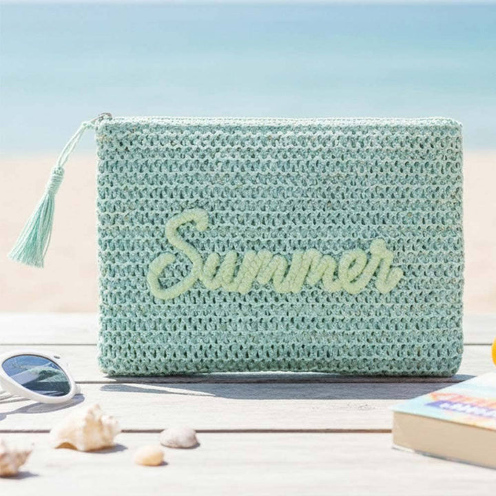 Woven Straw Pouch With Embroidery & Gold Lurex