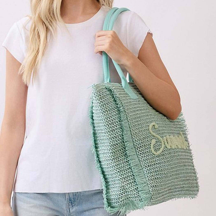 Woven Straw Fringe Tote With Summer Embroidery