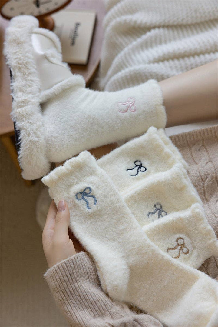 Bow Embroidery Fuzzy Socks