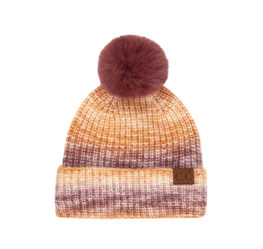 Multi Ombre Fur Pom Pom Hat- Ginger Brown
