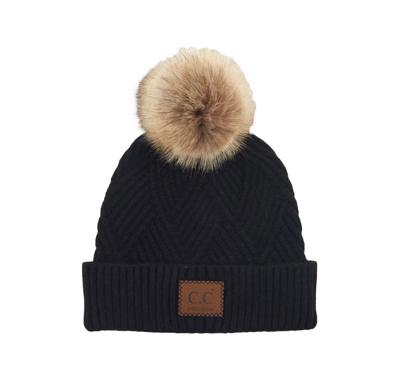 Black Woven Cable Knit Hat with Pom